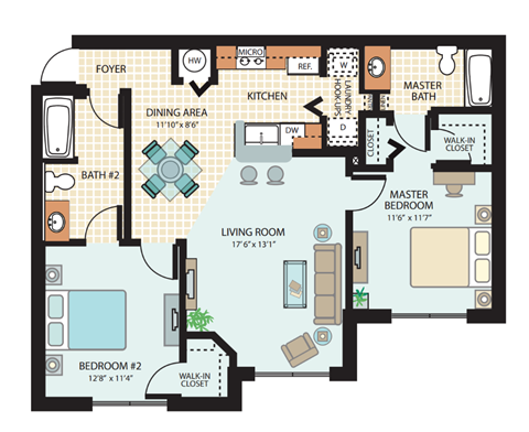 Floor plan for 2 beds, 2 baths, 974 sqft